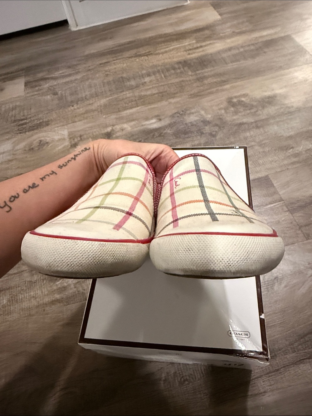 Coach Multicolor Plaid Slip-On Sneakers in Cream and Pink Trim with box size 8 - Picture 3 of 13